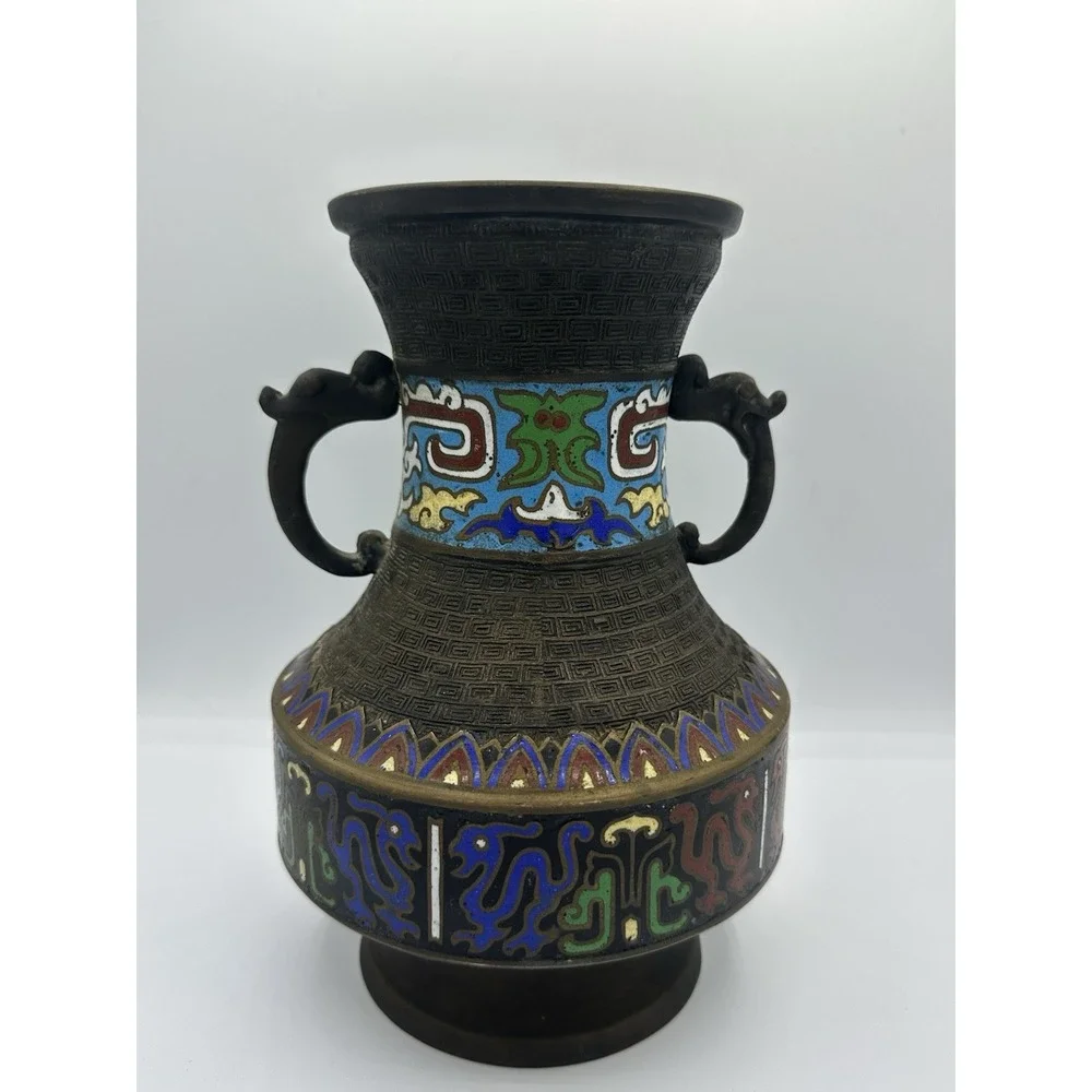 Antique Japanese Enamel‎ Cloisonne Champleve Bronze Vase 10